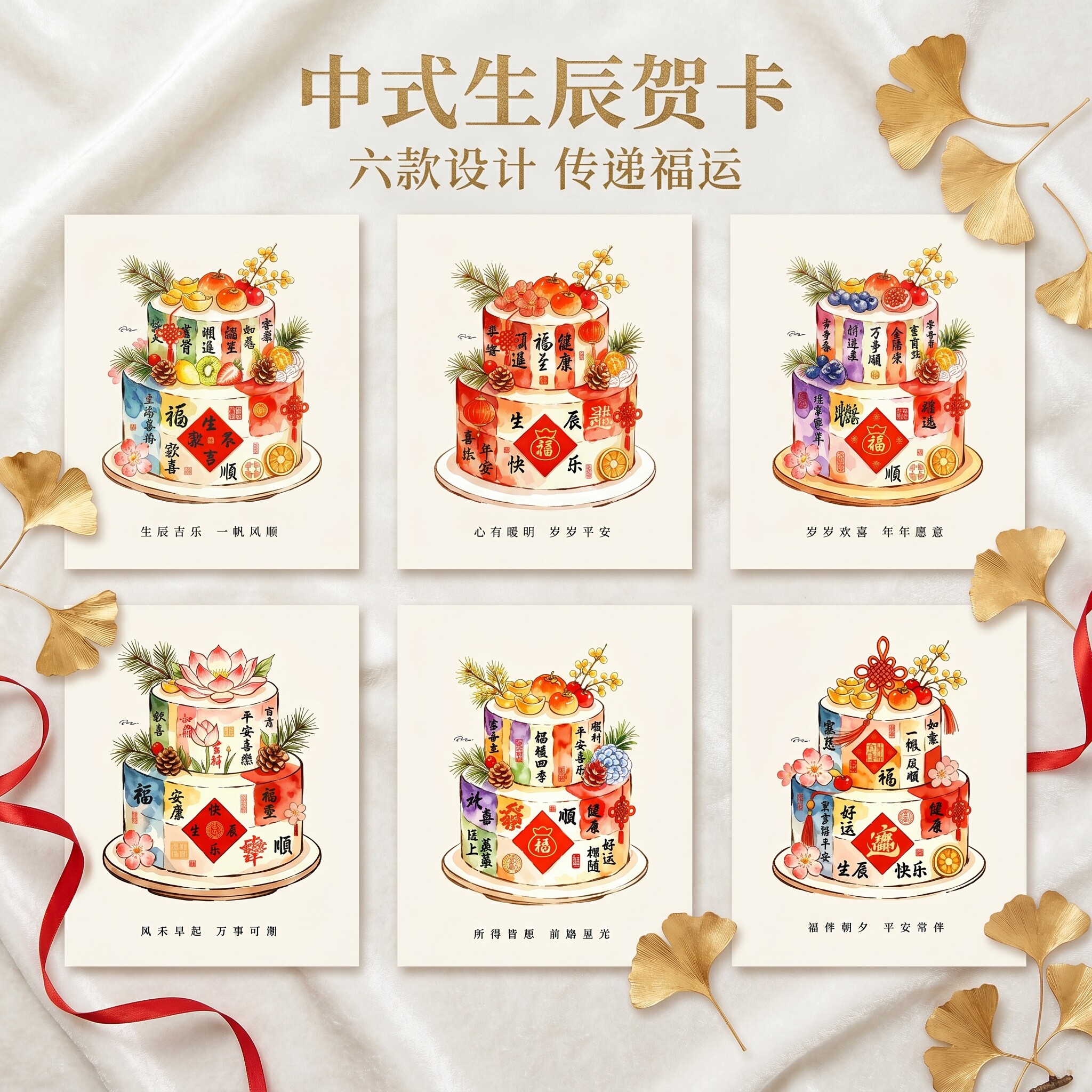 国风喜庆生日贺卡传统福字元素花店鲜花装饰礼盒氛围感装饰卡片