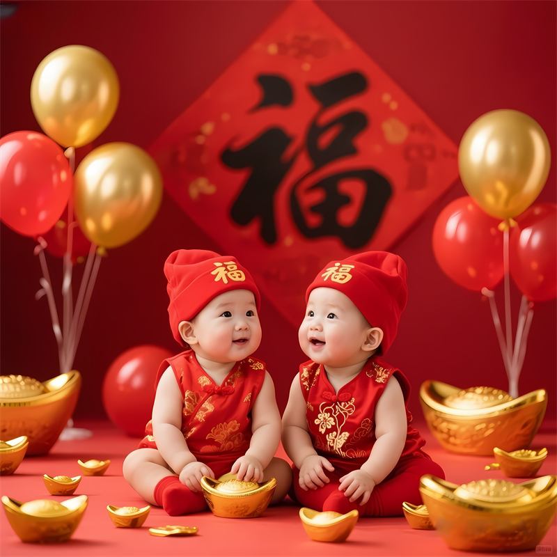 可爱双胞胎贴画卧室婚房室内墙面好寓意求孕求子装饰海报防水自粘