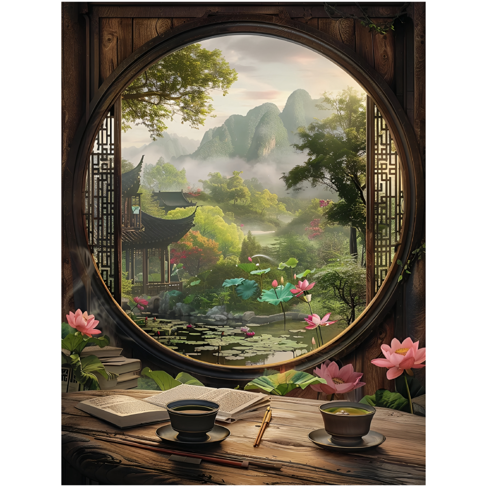 超美苏式园林风景图贴画纸客厅卧室玄关书房茶室高级装饰自粘海报