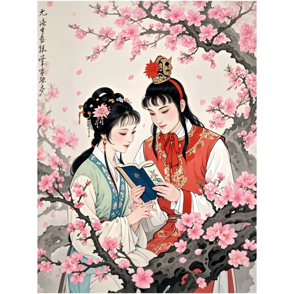 贾宝玉和林黛玉桃花下读西厢记装饰海报红楼梦影视壁纸防水自粘贴