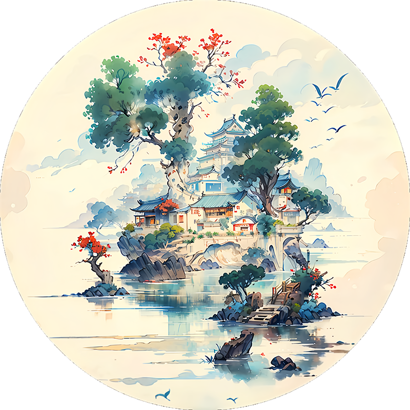 创意圆形风景文字类装饰画客厅玄关卧室室内墙面山水贴画防水自粘图片