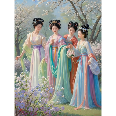 古代美女游园海报客厅卧室浴室出租房墙面仙女仕女贴画防水自粘贴