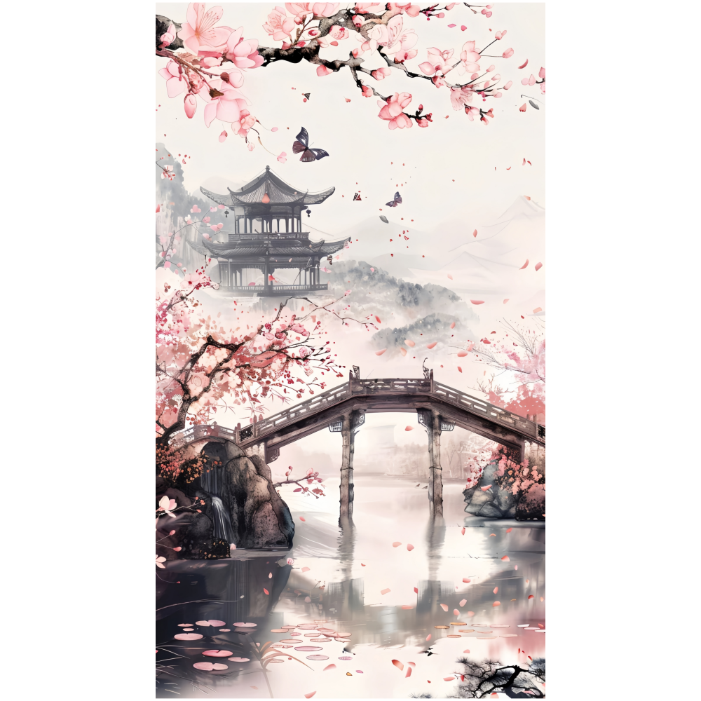 超美小桥桃花流水风景自粘贴画沙发背景走廊书房装饰贴纸中式新款