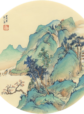新中式圆形青绿山水装饰画客厅卧室玄关墙面贴饰传统国画自粘贴