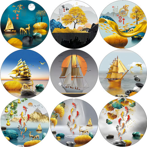 墙壁圆形贴画纸自粘贴装饰画玄关餐厅墙遮丑挡新中式九鱼招财防水