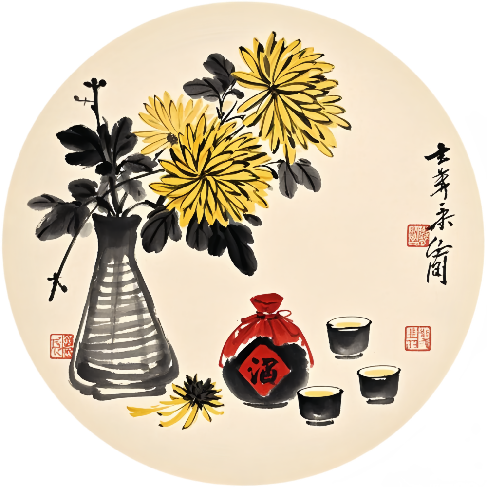 新中式圆形酒类国画小品贴画餐厅厨房墙面装饰自粘贴纸防水古风图片