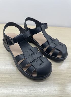 千佰莉牛皮断码处理平底休闲舒适百搭镂空黑色皮鞋通勤猪笼鞋凉鞋