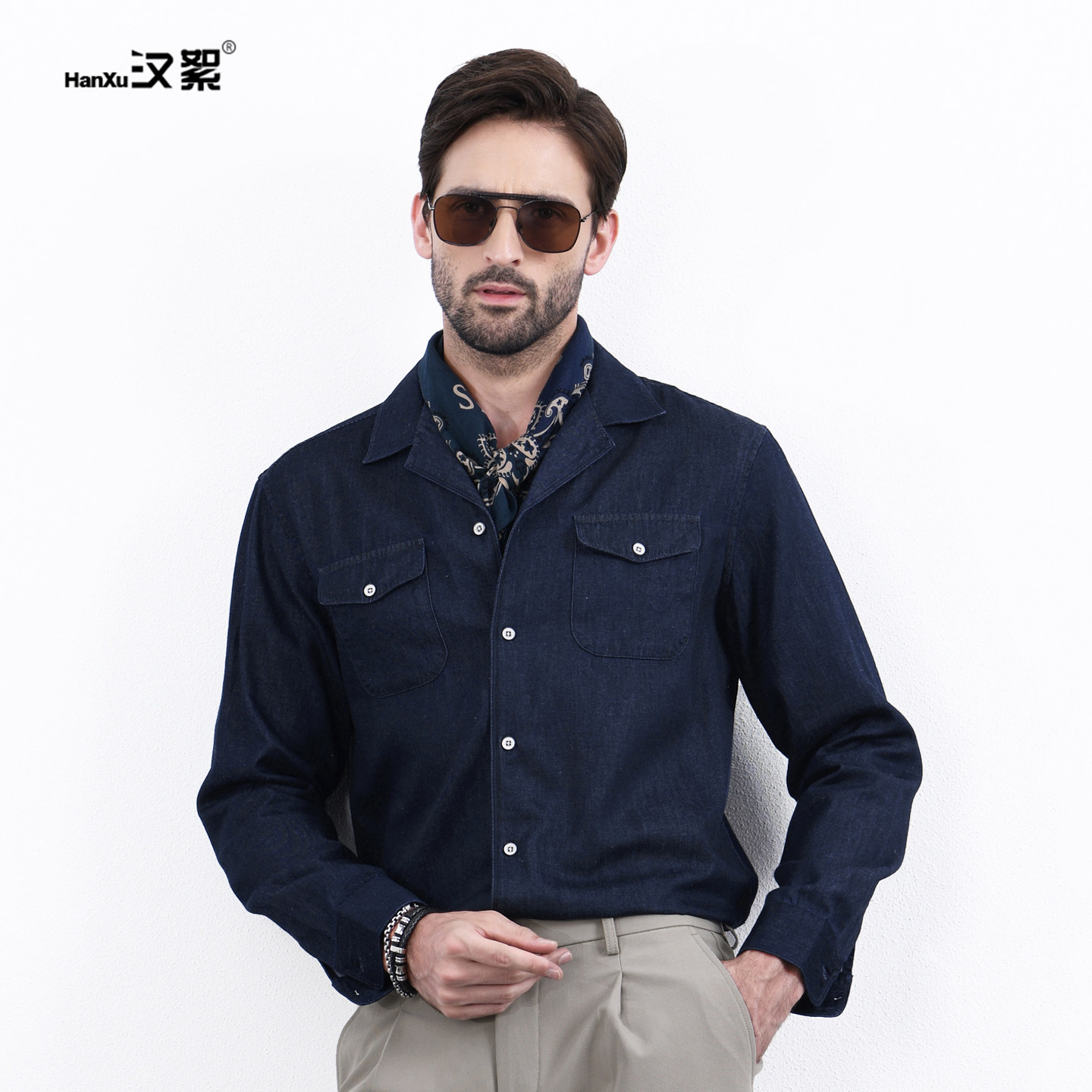 古巴领牛仔衬衫亚麻天丝棉长袖