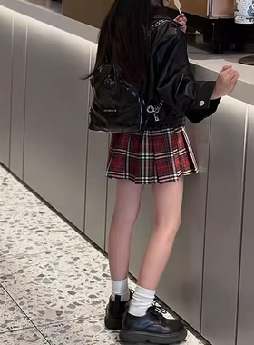 女童红色格子百褶裙A字裙半身短裙裤春夏童装洋气四季款7经典百搭