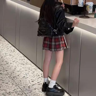 女童红色格子百褶裙A字裙半身短裙裤春秋童装洋气四季款7经典百搭