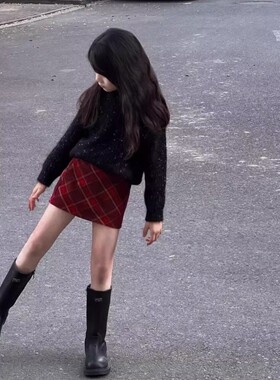 2025女童春秋冬款毛呢红色格纹加绒半身裙9拜年服高腰a字包臀短裙