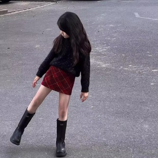 2025女童春秋冬款毛呢红色格纹加绒半身裙9拜年服高腰a字包臀短裙