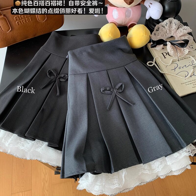 灰色百褶裙女童高腰2026新款春秋季显瘦百搭蝴蝶结挂饰半身短裙子