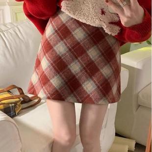 女童红色格子半身裙裤春秋冬学生包臀裙jk制服学院风童裙毛呢短裙