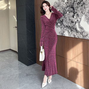 欧美鱼尾裙针织纯色新品连衣裙
