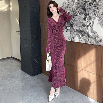 欧美鱼尾裙针织纯色新品连衣裙