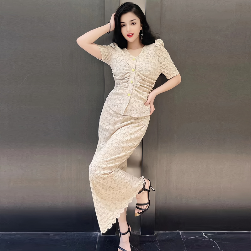 夏季时尚高级感御姐套装裙女气质轻奢短袖上衣修身包臀蕾丝两件套