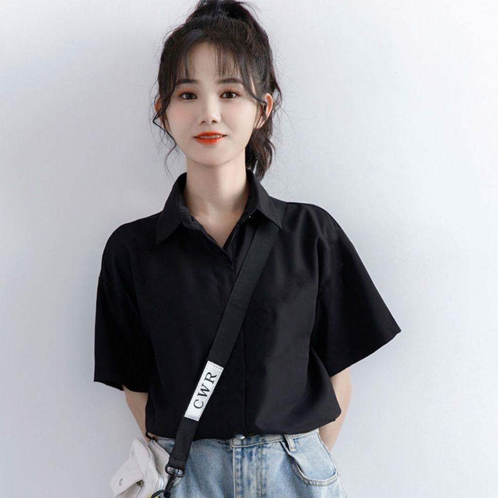 黑色衬衫女短袖夏季职业设计感小众半袖抗皱免烫衬衣上衣2024年图片