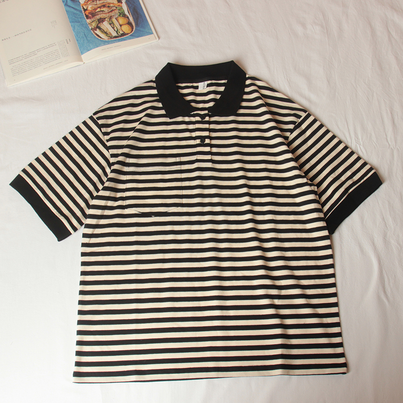 大脸猫/日系条纹Polo衫翻领短袖T恤女学院风宽松休闲运动上衣夏
