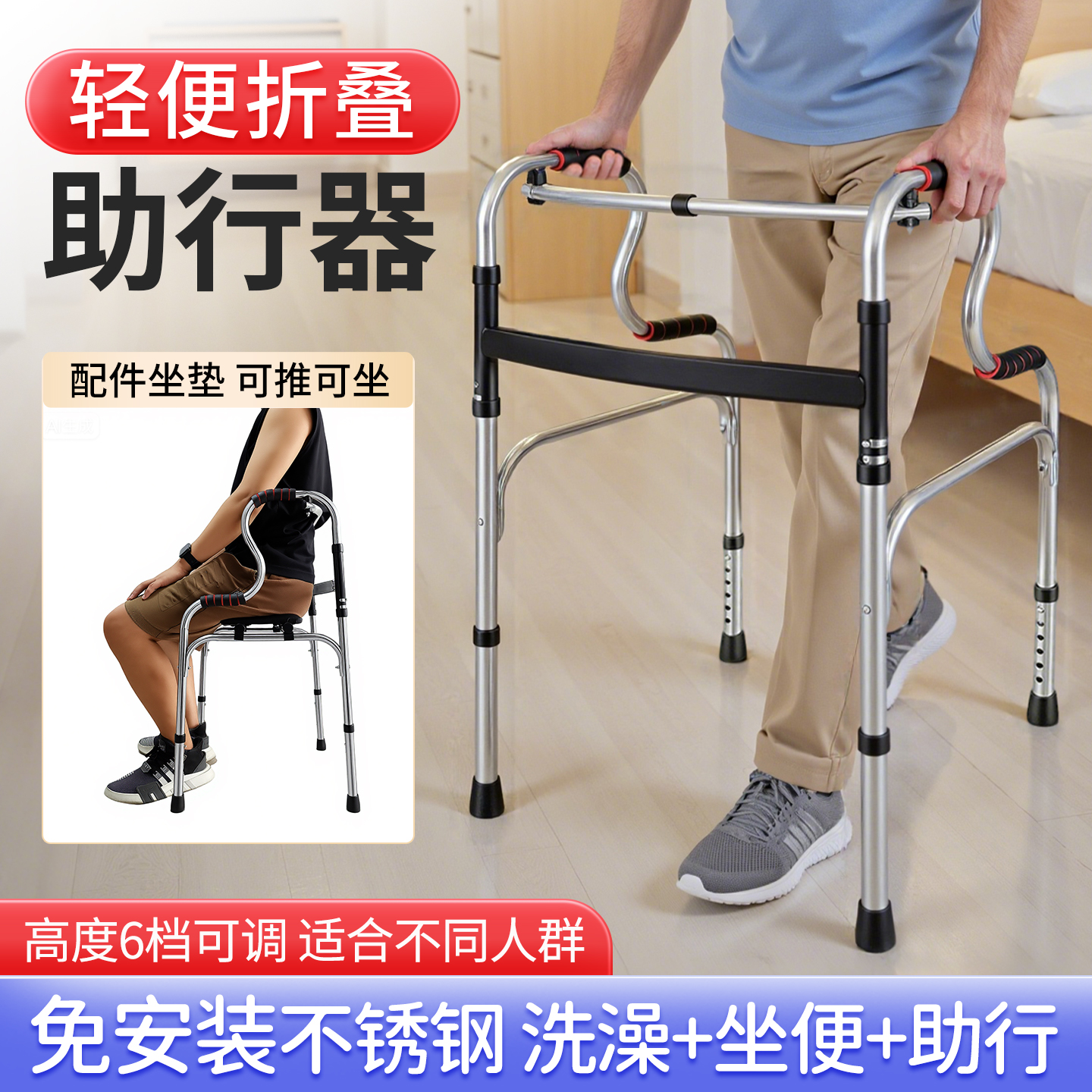 助行器辅助行走器可坐折叠带轮腿无力走路助步器骨折老人专用正品