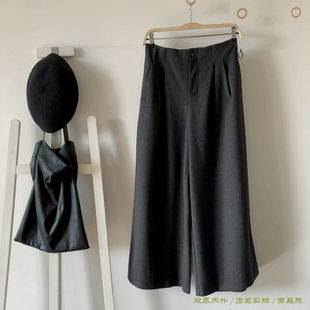 捡漏2515原创通勤复古老钱风半松紧腰阔腿九分裤 斜纹复合磨毛呢冬