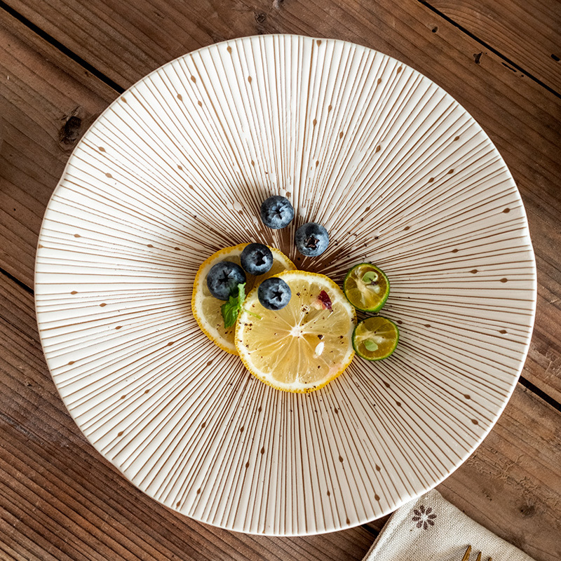 日本进口千段十草陶瓷餐具日式家用复古圆形盘菜盘条纹大盘意面