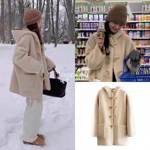 现货 ounce 宽松保暖中长款皮毛一体连帽牛角扣羊羔毛外套大衣女