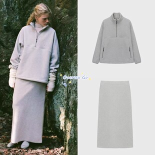 现货韩国 monoha 26早春新款 立领休闲抓绒卫衣外套 松紧腰半身裙