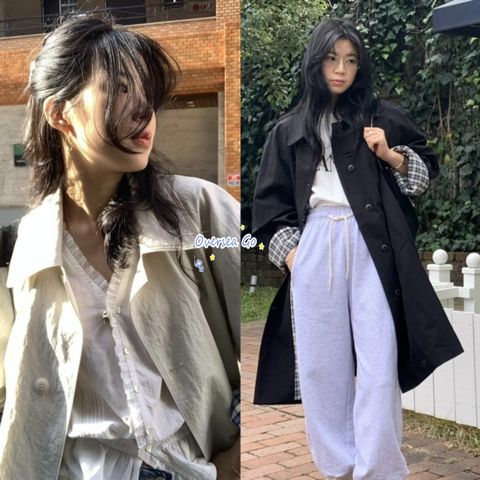 翻领格纹袖中长款风衣外套女