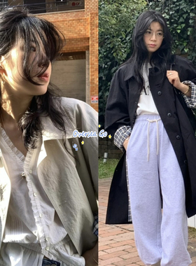 现货 modest mood 2025春季新款 韩系翻领格纹袖中长款风衣外套女