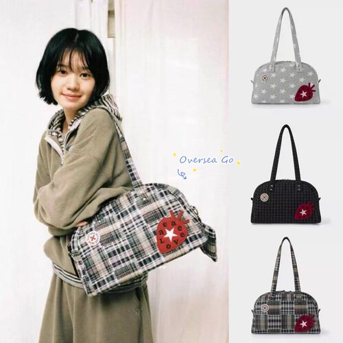 现货 韩国aeae 25新款通勤波士顿星星格纹草莓手提包单肩包斜挎包
