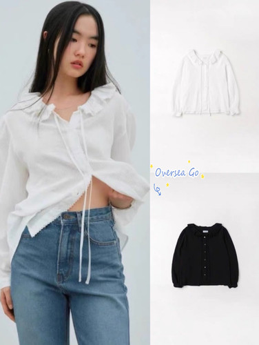 长袖衬衫系带韩国小众花边蕾丝