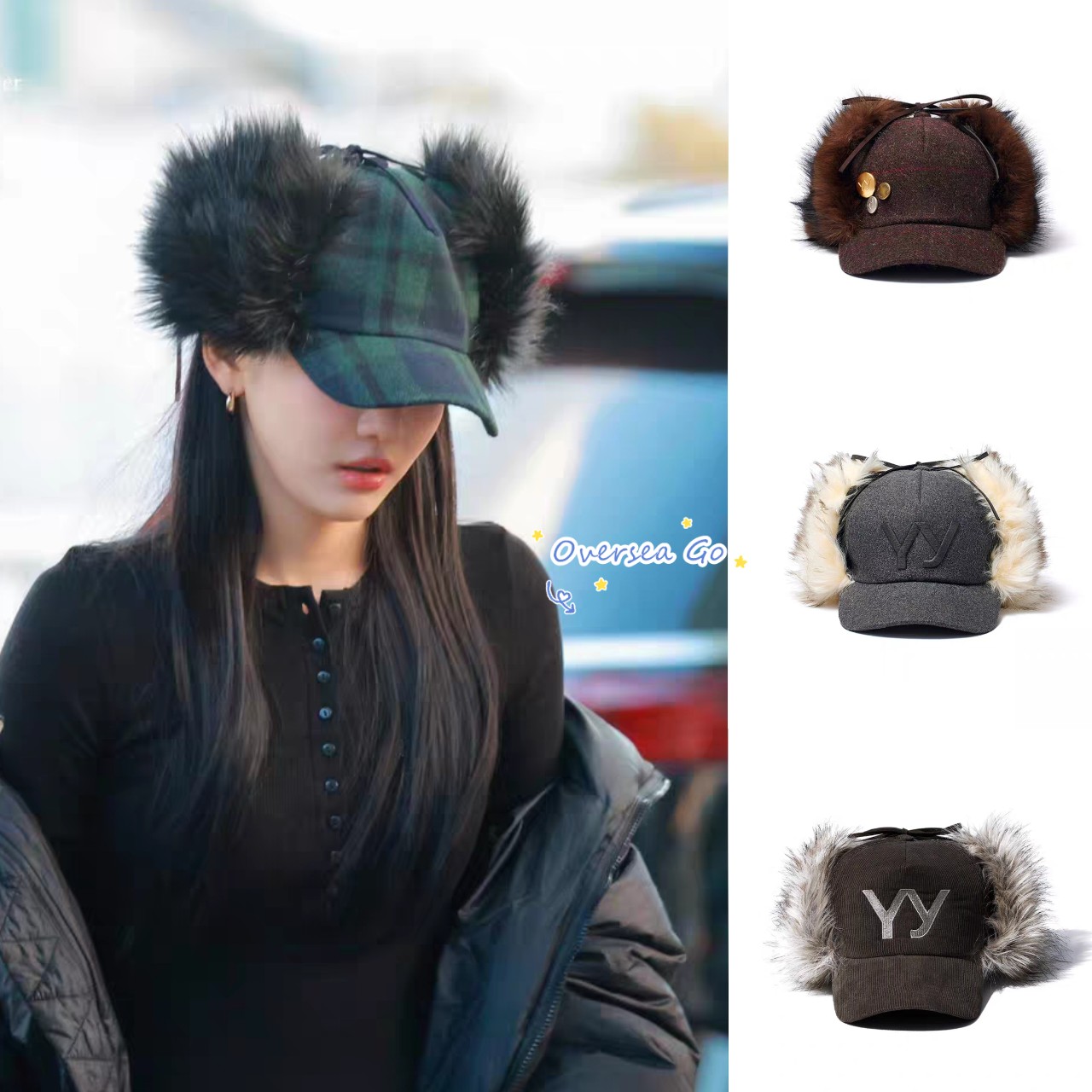 现货 open yy 宁艺卓同款 韩国毛绒字母刺绣护耳雷锋帽棒球帽女