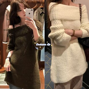 现货 objet 2025秋季新款 韩国时尚慵懒风一字肩针织衫毛衣连衣裙