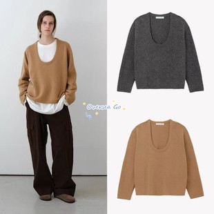 现货 moondal 25秋冬新款 纯色韩系简约百搭羊毛U领针织衫毛衣女