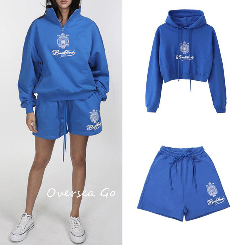 现货 Badblood 宝蓝色字母刺绣美式复古半拉链长袖运动卫衣卫裤女