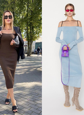 现货Jacquemus 2021年春秋新款一字吊带露肩罗纹针织中长款连衣裙