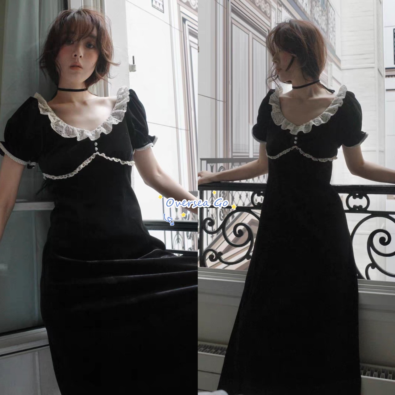 蕾丝花边短袖丝绒连衣裙长裙