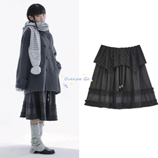 现货 韩国hugyourskin日系风褶皱波点格纹花边半身裙中长款屁帘裙