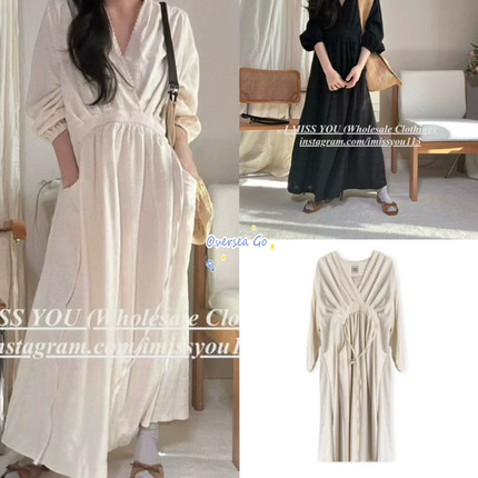 现货 Imissyou 2025新款 法式气质V领灯笼袖收腰显瘦连衣裙长裙