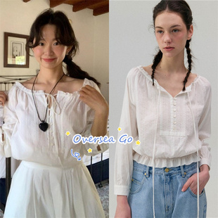 现货 The barnnet 2023新款 蕾丝花边圆领系带长袖衬衫上衣女