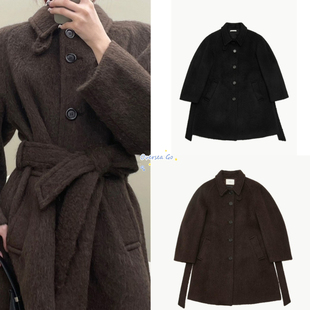 现货 Amomento 韩系简约保暖翻领高领腰带羊驼羊毛呢大衣外套女