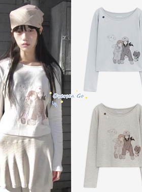 在途现货hugyourskin联名JUBA插画圆领纽扣卡通印花长袖t恤上衣女