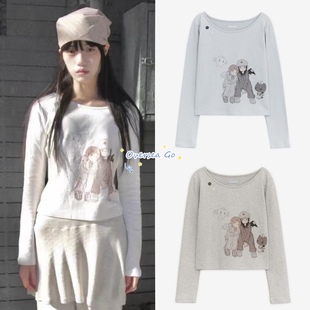 在途现货hugyourskin联名JUBA插画圆领纽扣卡通印花长袖t恤上衣女