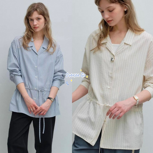 休闲翻领条纹收腰系带长袖衬衫女