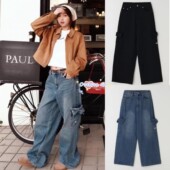 RONRON 26新款 学院风水洗做旧蝴蝶结宽松牛仔裤 在途韩国 长裤 女