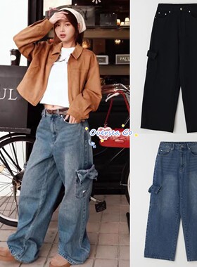 在途韩国 RONRON 26新款 学院风水洗做旧蝴蝶结宽松牛仔裤长裤女