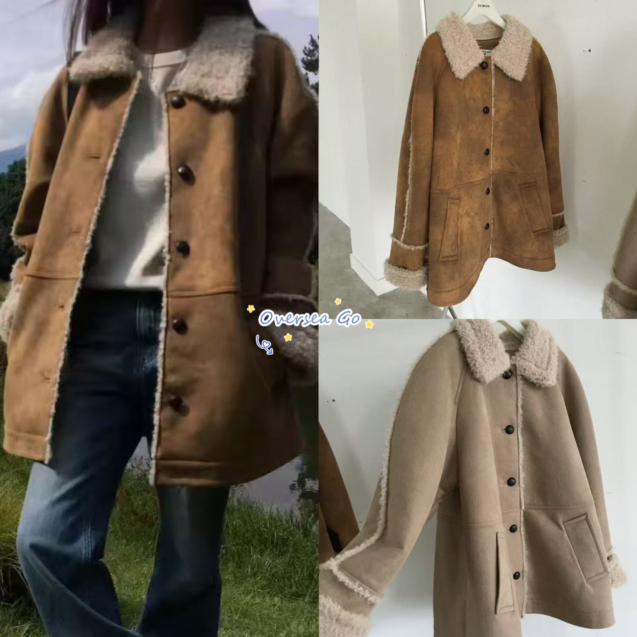 复古翻领中长款麂皮毛一体外套女
