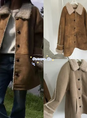 在途 韩国 breathe 25冬季新款复古翻领中长款麂皮毛一体外套女