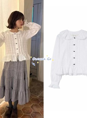 现货秒发viaplain 法式花边领衬衫复古重工蕾丝拼接单长袖衬衣女